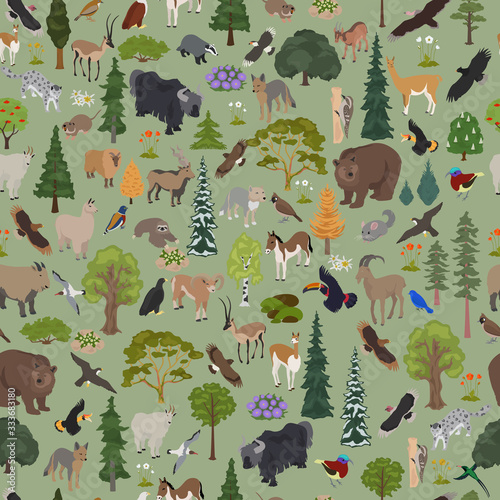 Montane forest biome, natural region seamless pattern. Terrestrial ecosystem world map. Animals, birds and vegetations ecosystem design set