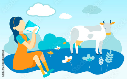 Girl Drinks Fresh Milk from Glass. Cow Grazes in Meadow. Vector Illustration. Little Girl in Yellow Dress on Farm. Natural Product. Sit in Meadow on Background White Cow and Wildflowers.