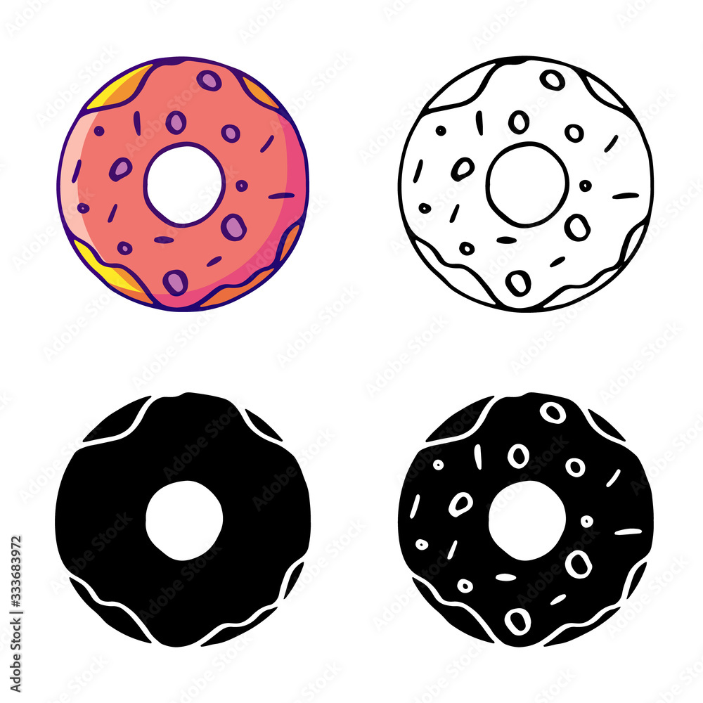 Simple vector donut shop logo with donuts. Vector donut icon, logotype for bakery, pastry shop, bakeshop, cakes house, confectionery, cafe. Flat black illustration isolated on a white background. Simple vector donut shop logo with donuts. Vector donut icon, logotype for bakery, pastry shop, bakeshop, cakes house, confectionery, cafe. Flat black illustration isolated on a white background.