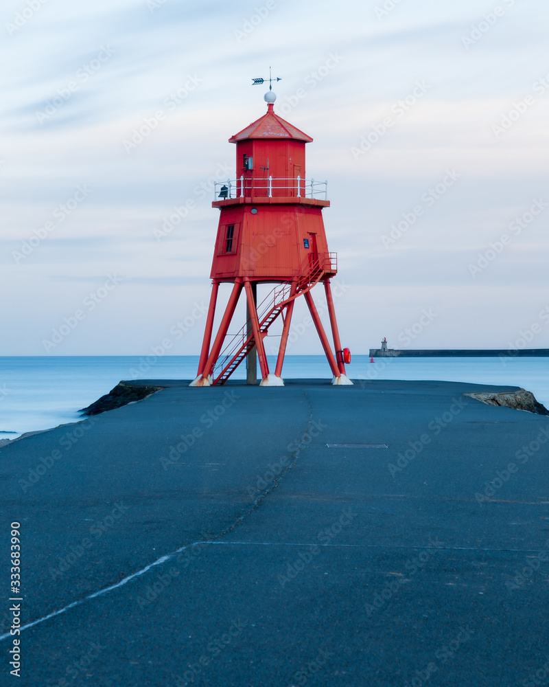 Little Haven Pier at South Shields, Tyneside. On the northeast coast of England, UK. At dusk, during blue hour.