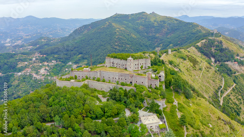 Genoa, Italy. Forte Sperone is a key point of the 19th-century Genoese fortifications and is located on top of the Mura Nuove. View of Genoa, Aerial View