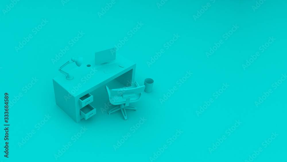 Home office workplace mess concept with laptop mockup and other objects  . 3D Rendering.Work from home concept. set of isometric interior working rooms of the house.