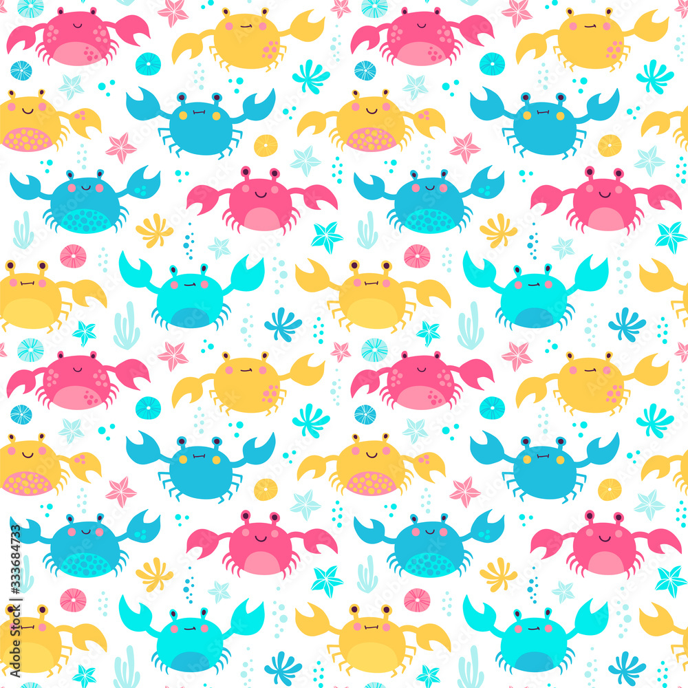 Seamless vector pattern with crabs. Cute kawaii krabs background.