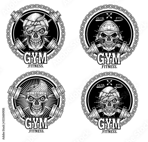 Set vintage skull logo for gym/fitness-Vector