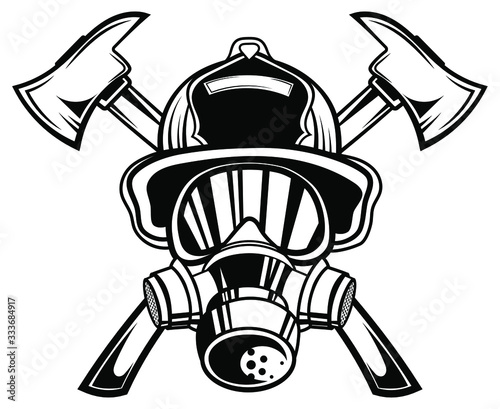 Fireman in a gas mask in a helmet. Profession for saving people from fire and difficult situations. Black and white silhouette of a man. Vector illustration for a fire brigade.Logotype.