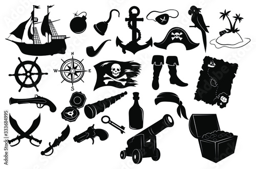 Set of pirate items. Collection silhouettes in the form of a captains hat, paper map, chest with gold, telescope and a bottle of rum, flag. Black and white vector illustration for children. Tattoo.
