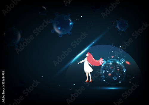 Coronavirus COVID-19 glowing futuristic technology flat design, scientist and doctor prevent and protection virus particles spreading background vector illustration