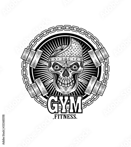 GYM skull vintage logo with barbel on white background-vector