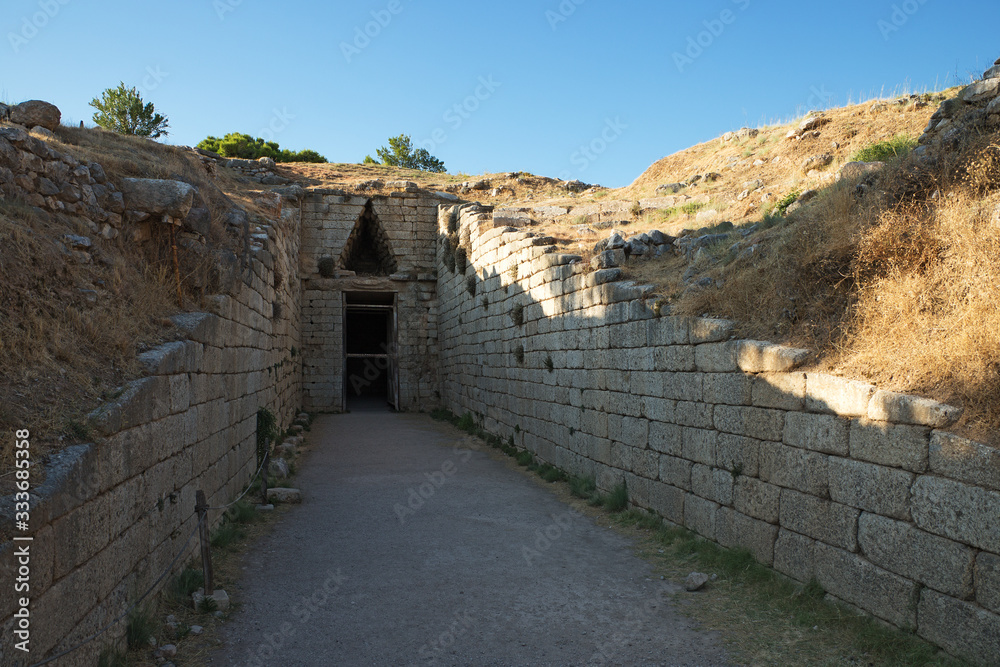 Examples of tholos, outside the citadel of Mycenae - an archaeological site near Mykines, Peloponnese, Greece. In the second millennium BC, Mycenae was one of the major centres of Greek civilization. Examples of tholos, outside the citadel of Mycenae - an archaeological site near Mykines, Peloponnese, Greece. In the second millennium BC, Mycenae was one of the major centres of Greek civilization.