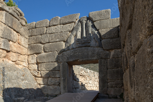 The Lion Gate of Mycenae - an archaeological site near Mykines in Argolis, Peloponnese, Greece. In the second millennium BC, Mycenae was one of the major centres of Greek civilization. photo