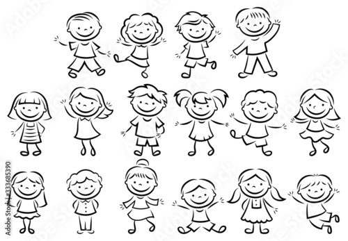 Set of doodle figure children. Collection happy cartoon Illustration  kids. Vector Illustration  stick figures boys and girls. Hand Drawn.