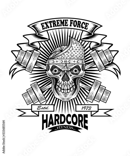 GYM skull vintage logo with barbel on white background-vector