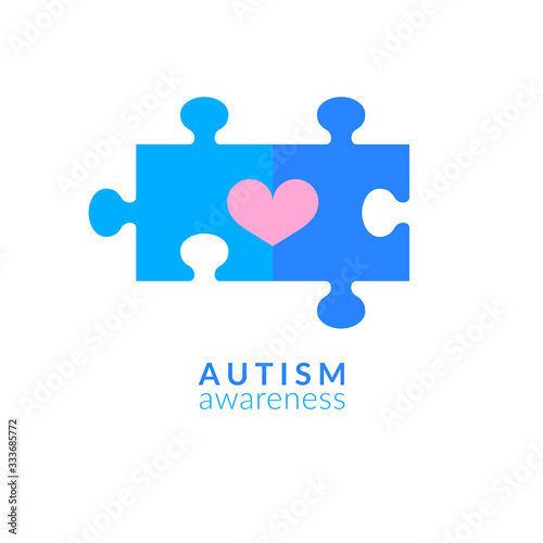 Blue puzzle peace with heart. Autism awareness symbol. World autism awareness day. Vector design illustration with heart. Symbol of autism. Medical flat illustration. Health care