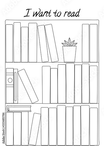 Vector illustration for printable with shelf and books on white background. Minimalist planner of reading for journal page, habit tracker, daily planner template, blank for notebook. A4 paper sheet. photo