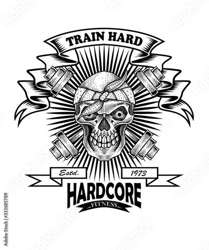 GYM skull vintage logo with barbel on white background-vector