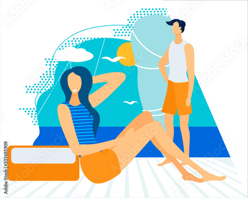 Young Couple Floating at Wooden Raft or Sitting on Sea Pier. Loving Romantic Relations, People Spend Time in Ocean. Summer Vacation, Leisure, Sparetime. Love Journey, Cartoon Flat Vector Illustration