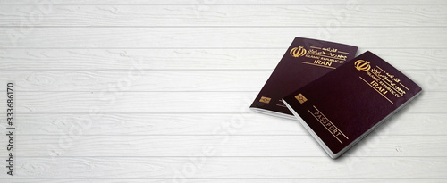 Iranian Passports on Wood Lines Bakcground Banner with Copy Space - 3D Illustration