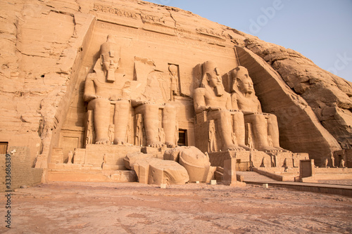 Ancient Egyptian temple built by Ramses II  carved in the stone of the mountain  in Abu Simbel next to Lake Nasser in Nubia  Egypt  Africa