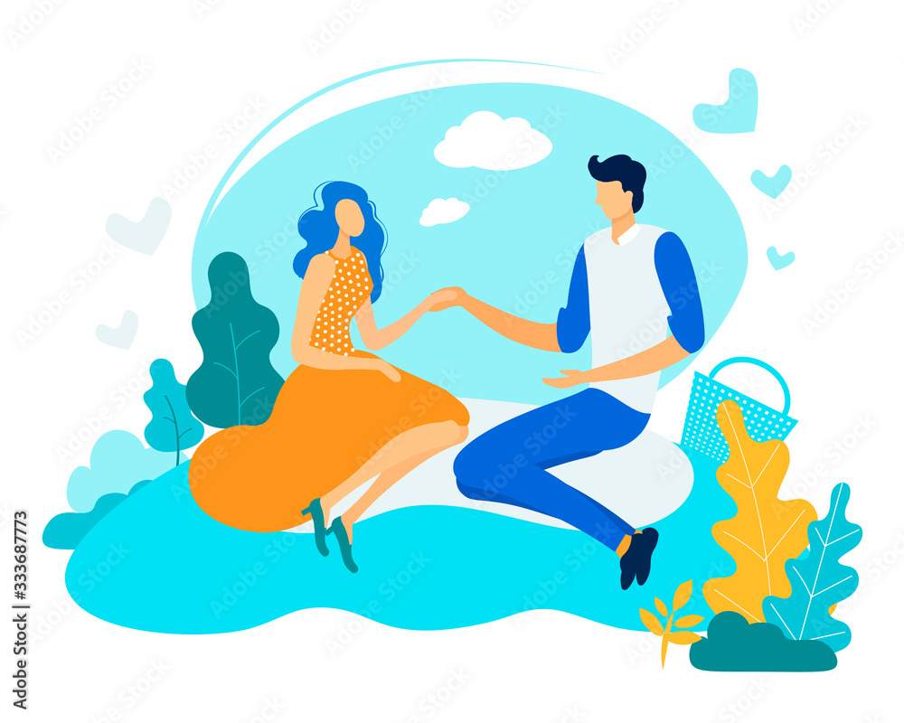 Informative Flyer Man with Woman on Picnic Flat. Woman Talking fo Long Time with her Partner. Husband and Wife Hold Hands Sitting in Clearing on Picnic Cartoon. Vector Illustration.