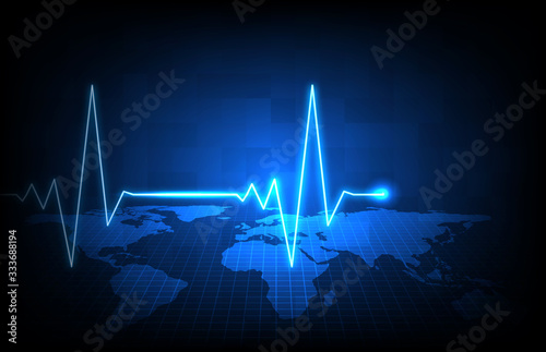 abstract background of blue futuristic technology world maps and digital ECG heartbeat pulse line wave monitor