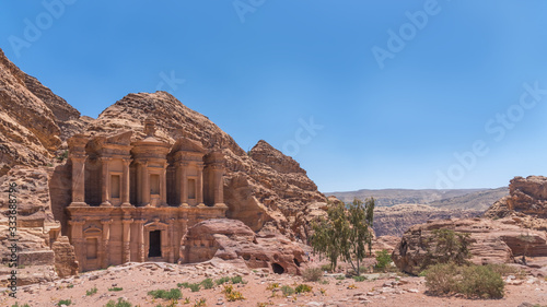Ad Deir Monastery, d-Dayr and el-Deir, a monumental building carved out of rock in the ancient Jordanian city of Petra. Landmark in Jordan