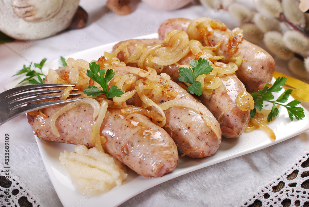 traditional easter white sausage baked with onion traditional easter white sausage baked with onion