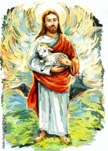 calm jesus messiah with the lamb and resurrection with nature background - illustration