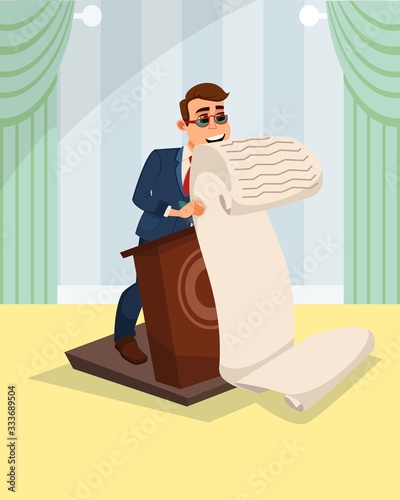 Man Speaker in Suit and Eyewear Standing at Podium, Reading Long Piece of Text Paper. Businessman Giving Public Speech. Politician Character Speaking from Rostrum. Vector Flat Cartoon Illustration