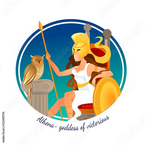 Athena Goddess of Victorious War and Wisdom. Warlike Woman with Golden Helmet on Head Holding Shield and Spear Sitting on Throne with Owl. Mythology. Cartoon Flat Vector Illustration, Banner, Icon