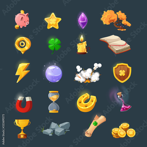 Set of various items for game user interface design. Cartoon magic items and resources for a fantasy game. Gold coins, book, candle, gem, chest, clover.