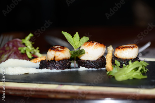 Photography Fried Scallops with black pudding and pancetta - gourmet Food