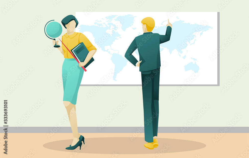 Geography Lesson. Teacher and Pupil Cartoon Characters. Student Answering on Schoolmaster Question Standing near Flat Map on Wall. Classroom Interior. School Education. Vector Illustration Geography Lesson. Teacher and Pupil Cartoon Characters. Student Answering on Schoolmaster Question Standing near Flat Map on Wall. Classroom Interior. School Education. Vector Illustration