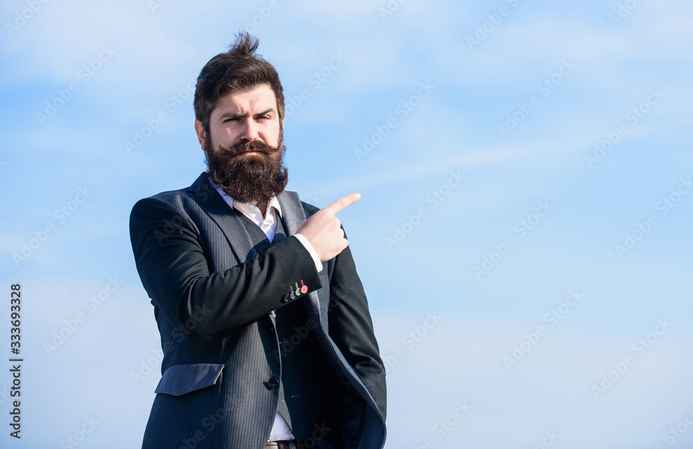 Looking for opportunities and chances. Man formal suit manager looking direction. Developing business direction. Businessman bearded face sky background. Business direction. Changing course. This way Looking for opportunities and chances. Man formal suit manager looking direction. Developing business direction. Businessman bearded face sky background. Business direction. Changing course. This way