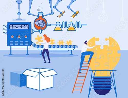 Innovation Idea Creation Manufacture Process Metaphor. Woman Controlling Automated Machine for Puzzle Pieces Production. Man Combining Jigsaw Light Bulb. Puzzle. Cartoon Flat Vector Illustration
