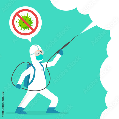fight Covid-19 Corona Virus Vector cartoon illustration concept. cure corona virus. people fight virus concept with disinfectant. disinfection cleaning spray with hazmat suit for contagious virus