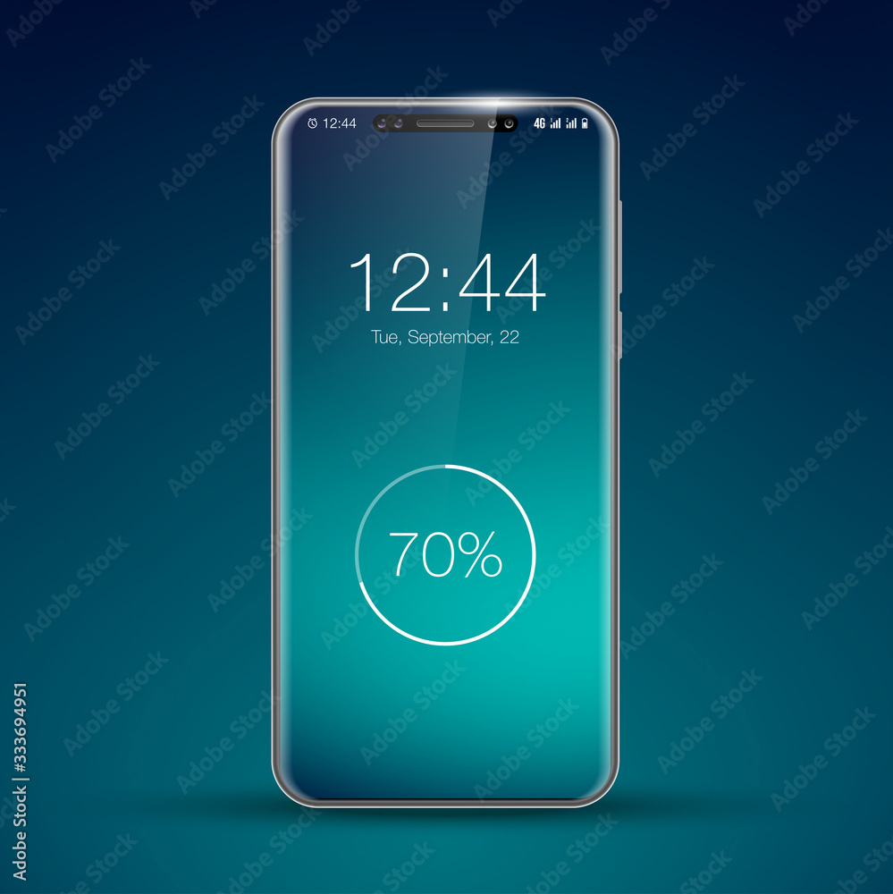 model of a new frameless smartphone concept. New technologies realistic Mobile phone. Smartphone icon Isolated on a blue background. Phone Design Template for Mock Up