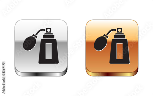 Black Aftershave bottle with atomizer icon isolated on white background. Cologne spray icon. Male perfume bottle. Silver-gold square button. Vector Illustration