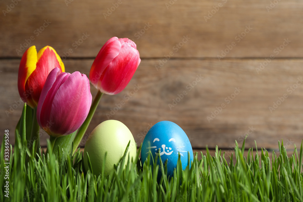 Colorful Easter eggs and tulip flowers in green grass against wooden background, closeup. Space for text
