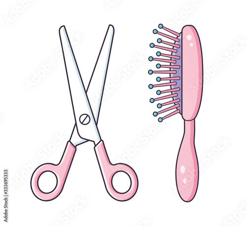 Scissors and pink hair brush comb isolated