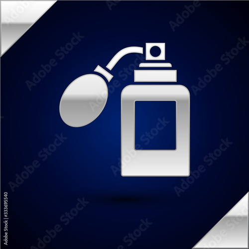 Silver Aftershave bottle with atomizer icon isolated on dark blue background. Cologne spray icon. Male perfume bottle. Vector Illustration