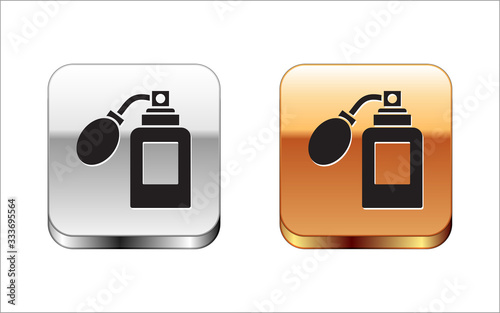 Black Aftershave bottle with atomizer icon isolated on white background. Cologne spray icon. Male perfume bottle. Silver-gold square button. Vector Illustration