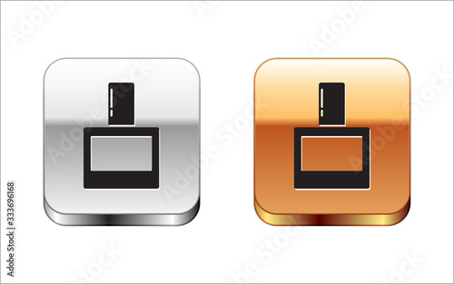 Black Aftershave icon isolated on white background. Cologne spray icon. Male perfume bottle. Silver-gold square button. Vector Illustration