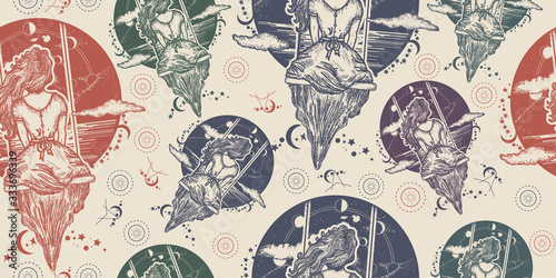 Girl on swing flies to sky. Seamless pattern. Packing old paper, scrapbooking style. Vintage background. Medieval manuscript, engraving art. Symbol of dream,love, imagination, adventures