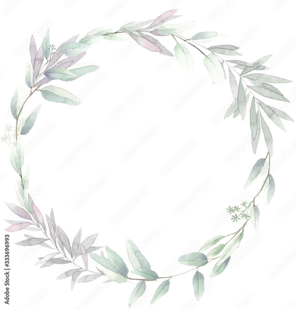 watercolor floral illustration foliage wreath greenery herbs round frame geometric natural light green stationery wedding romance delicate silky 