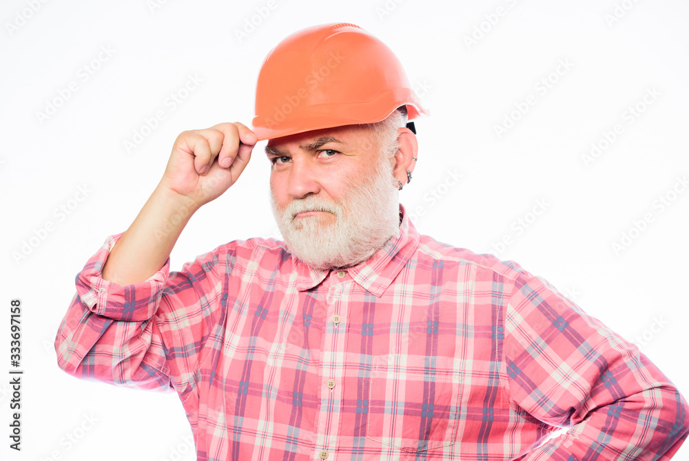 Experienced engineer. Repairing or renovating. Home improvement. Man bearded engineer wear helmet. Repair concept. Engineer architect or contractor. Senior engineer foreman. Plumber service Experienced engineer. Repairing or renovating. Home improvement. Man bearded engineer wear helmet. Repair concept. Engineer architect or contractor. Senior engineer foreman. Plumber service