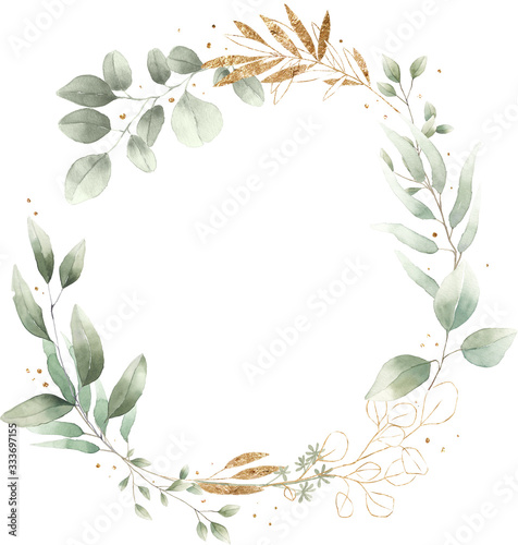 watercolor floral illustration foliage wreath greenery herbs round frame geometric natural gold green stationery wedding romance delicate silky 