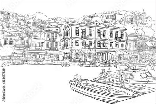 Vector drawing of the town Symi, Greece with boats and buildings in the harbor