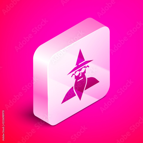 Isometric Wizard warlock icon isolated on pink background. Silver square button. Vector Illustration