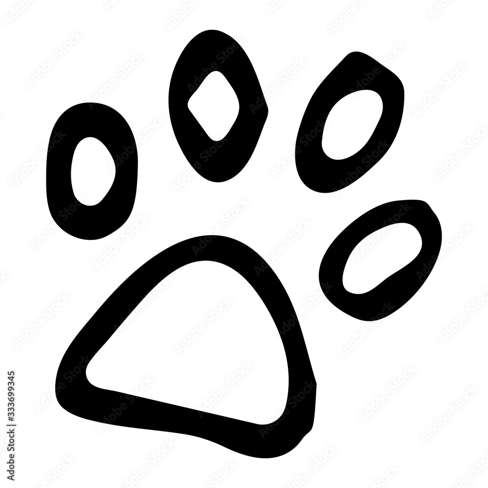 Vector illustration of an animal's paw print. It is made as a black outline on an isolated white background. Hand-drawn in a Doodle style.Suitable for textiles, wrapping paper, fabric, Wallpaper. Vector illustration of an animal's paw print. It is made as a black outline on an isolated white background. Hand-drawn in a Doodle style.Suitable for textiles, wrapping paper, fabric, Wallpaper.