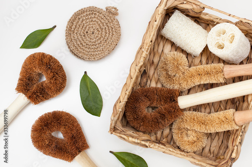 a set of brushes and sponges for eco-cleaning the home, washing dishes and surfaces without chemicals and plastic